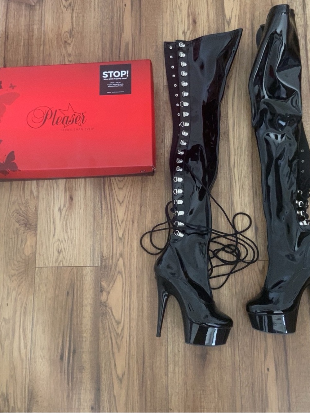 Pleaser Black Patent Lace-Up Thigh-High Platform Heels